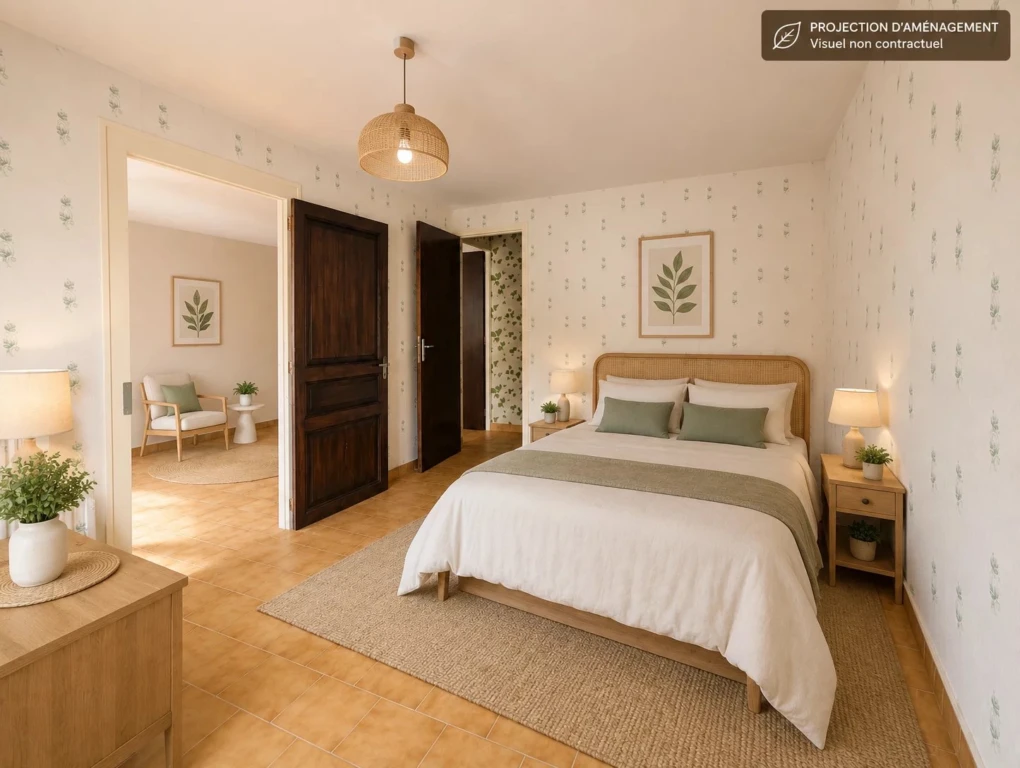 Chambre avec projection d'aménagement visuel réalisé par IA – Photos réelles à suivre