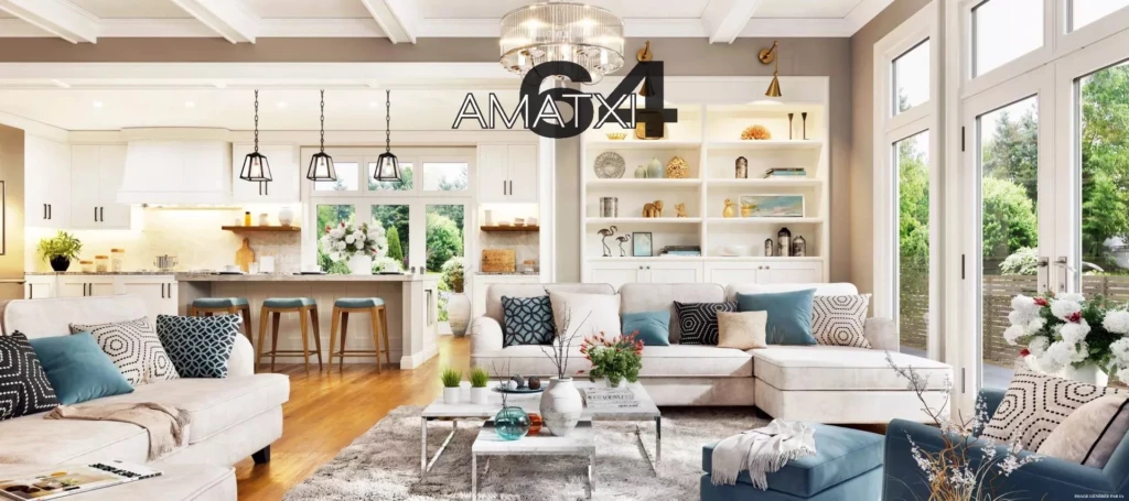 Open plan living room with large kitchen