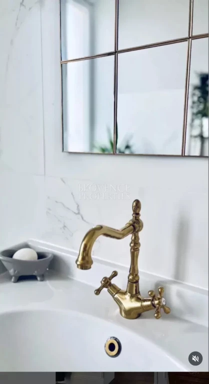Un aménagement de salle de bains fonctionnel et esthétique, doté d'un grand miroir à encadrement doré et d'un meuble sous-vasque élégant.