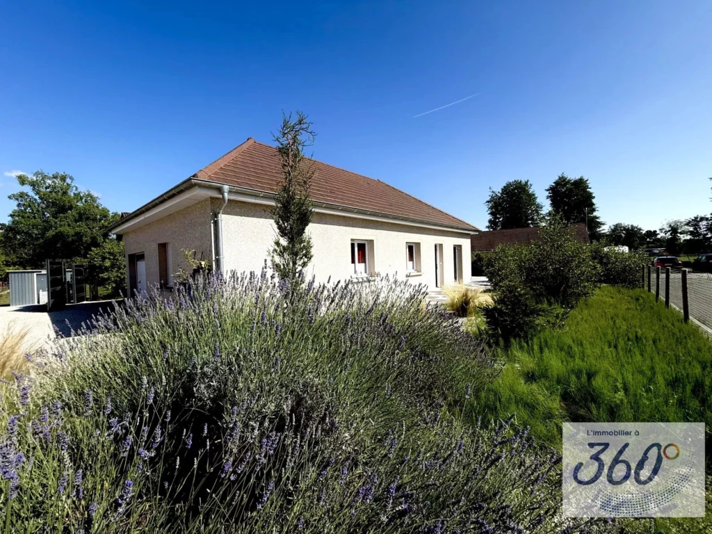 Maison, entourée de lavande et de verdure, sous un ciel bleu.