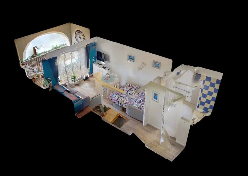 Plan 3D issu de la visite virtuelle de ce studio meublé à vendre sur le port d'Hyères, illustrant l'agencement complet des pièces.