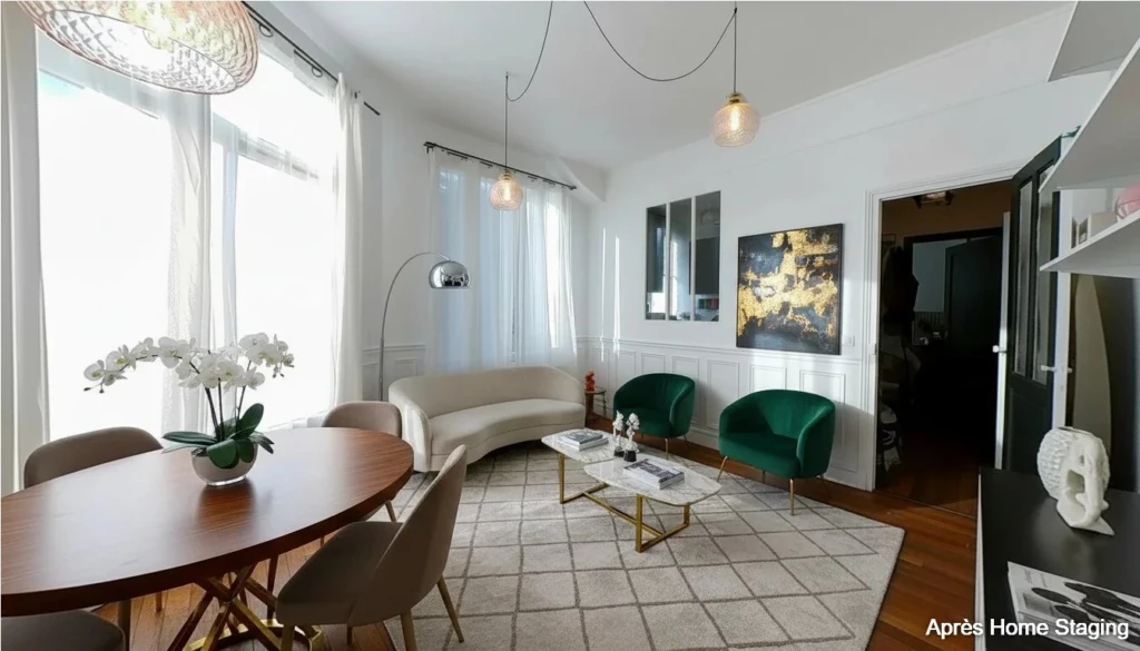Salon lumineux avec de grandes fenêtres et un mobilier moderne.