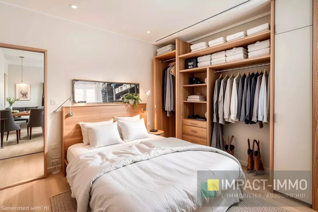 Chambre moderne et lumineuse avec un grand placard et un lit confortable.