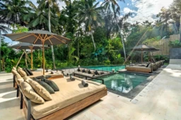 Terrasse élégante avec transats et parasols autour d'une piscine, entourée de nature tropicale.