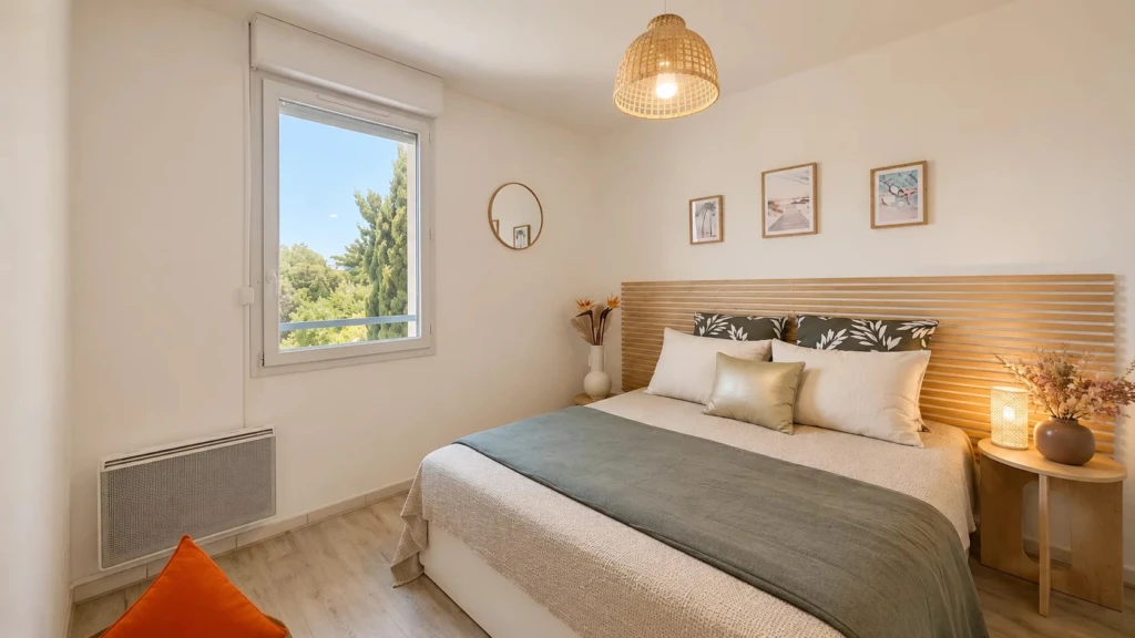 Chambre lumineuse et décorée avec soin comprenant une tête de lit en tasseaux de bois et une fenêtre donnant sur la verdure.