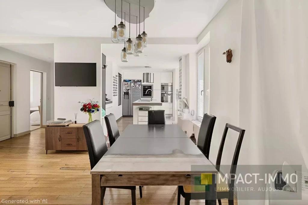 Salle à manger avec une cuisine moderne ouverte dans grand appartement 3 pieces