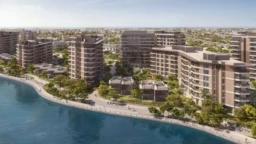 Vue d'un complexe résidentiel moderne entouré de verdure, bordé par un cours d'eau.