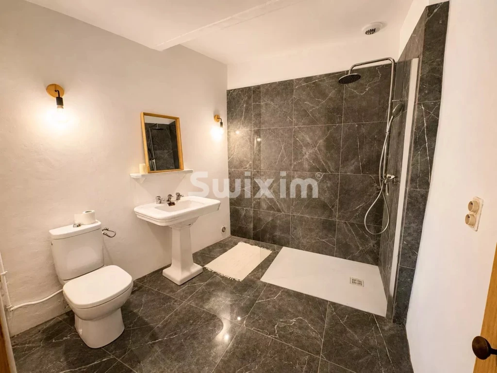 Cette salle de bain moderne dispose d'une douche à l'italienne et d'un lavabo élégant.