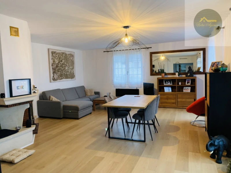 grand salon séjour lumineux avec cheminée insert
