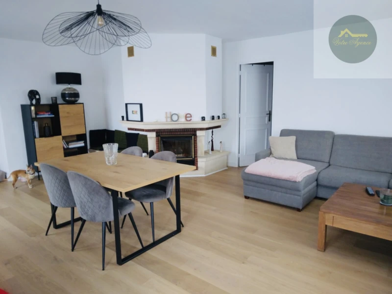 grand salon séjour lumineux avec cheminée insert