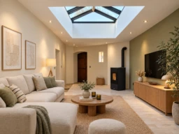 Pièce de vie sous la verrière (home staging, projection)