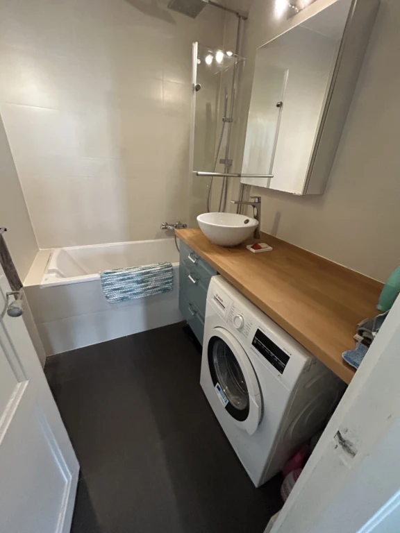 salle bain avec baignoire et lave-linge