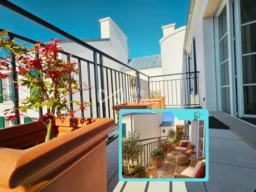 Balcon confortable sur jardin