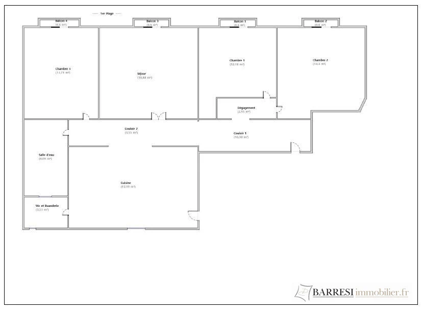 Plan de l'appartement T4 de 98 m², comprenant trois chambres, séjour indépendant, cuisine dinatoire et pièces d'eau.
