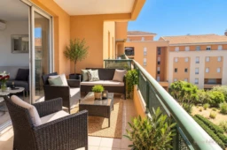 Terrasse de 7,50 m² avec vue sur les jardins de la résidence