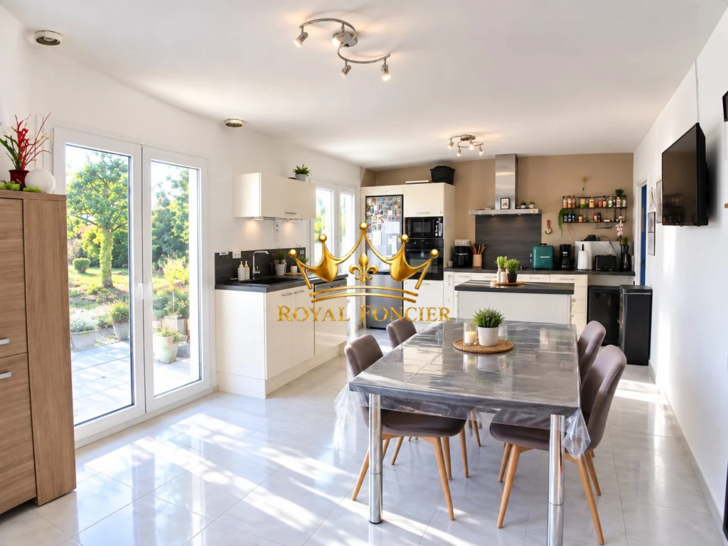Espace de vie ouverte sur cuisine A et E avec sur la terrasse