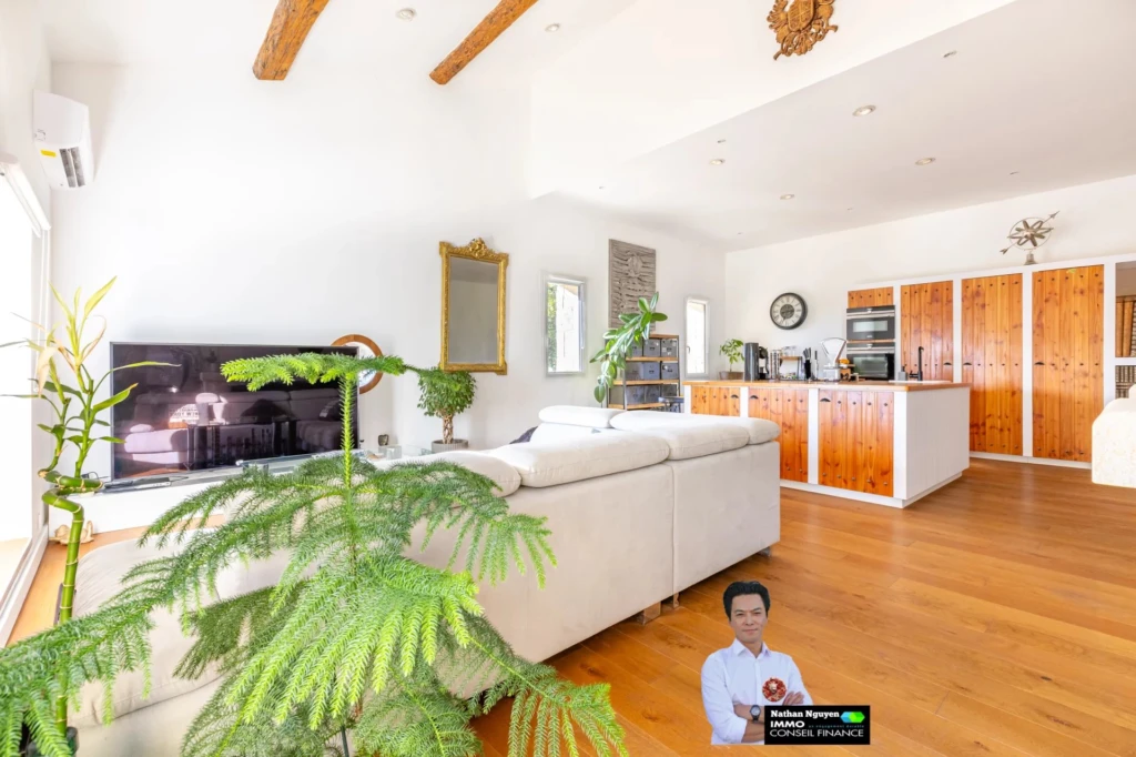 Salon lumineux avec un mobilier moderne et une cuisine ouverte conviviale.