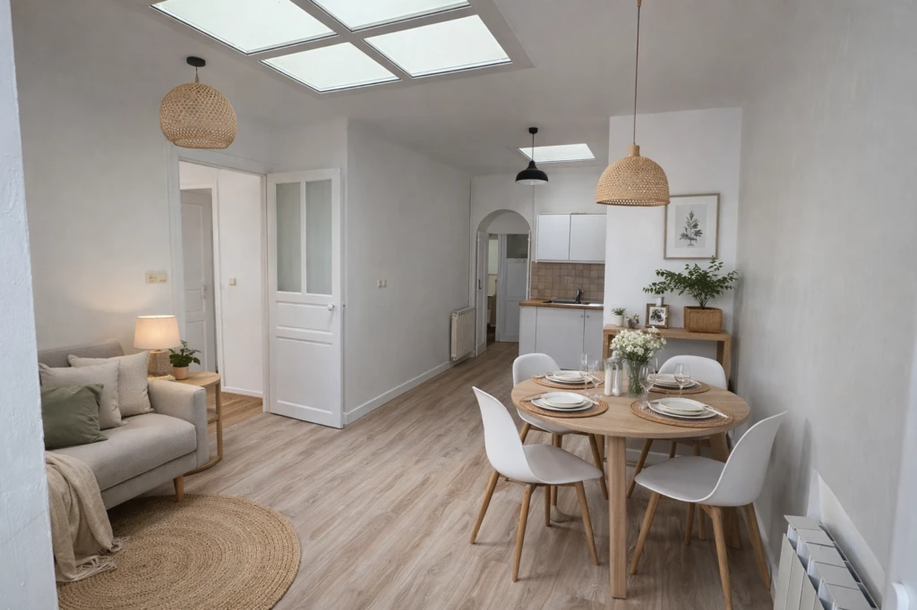 Salon moderne avec cuisine ouverte